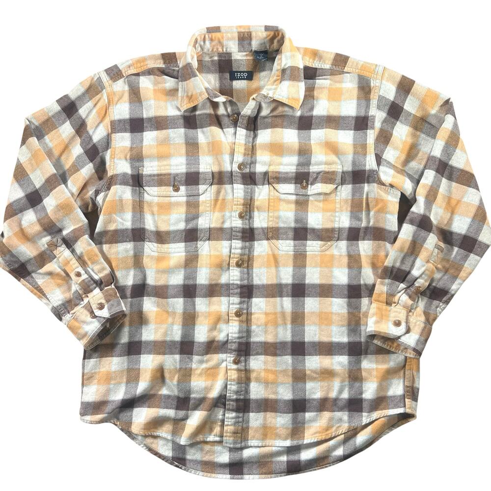 IZOD Jeans Plaid Flannel Shirt L Brown Yellow Cream Vintage Workwear Y2K Outdoor